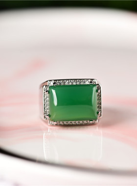 翡翠色男款方形戒指阳绿色玉髓大扳指 925银镶嵌满绿帝王绿手饰
