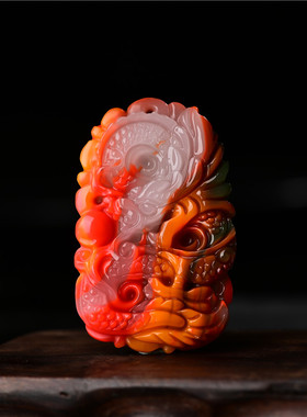 和田玉生肖龙挂件 鸡血玉龙牌吊坠 男女款五彩玉金丝玉龙玉牌玉坠