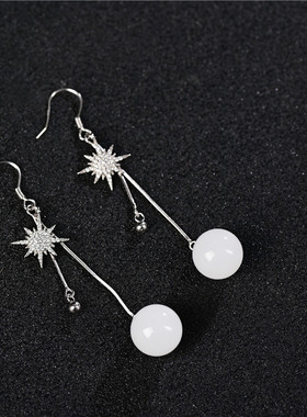 新疆和田白玉圆珠耳坠百搭款长流苏纯银镶嵌耳线女款羊脂玉耳饰品