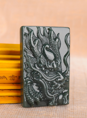 新疆和田玉青玉龙头牌子吊坠 龙头玉挂件男款霸气生肖龙玉佩项链