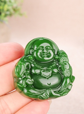 玉石匠和田碧玉佛公吊坠女款福在眼前玉坠弥勒佛如意笑佛玉佩挂件