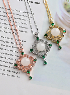 新疆和田白玉圆珠吊坠复古锆石925银镶嵌金丝玉项链女款镂空配饰