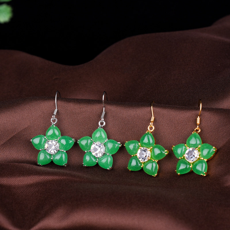 玉石匠缅甸翡翠五星水滴耳环 碧玉祖母绿菠菜绿925金银镶嵌耳坠