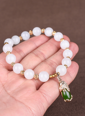 玉石匠和田玉羊脂白玉圆珠手链配碧玉貔貅吊坠男女款手串转运玉珠