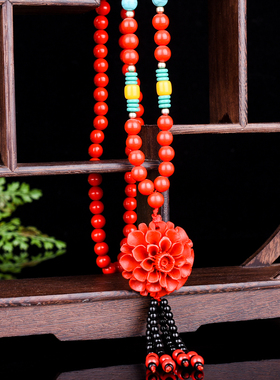 原矿朱砂复古吊坠毛衣链挂件车挂女长款简约时尚玫瑰花菊花项链