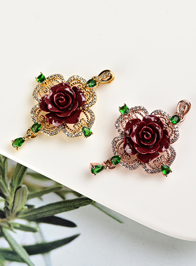 朱砂玫瑰花吊坠 紫金砂花开富贵项链 时尚锆石银镶嵌帝王砂首饰