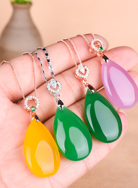 巴西冰种绿玉髓水滴吊坠925银镶嵌女款黄玉髓粉满绿玉髓挂件项链