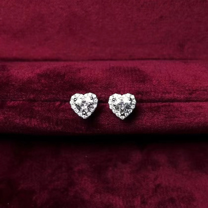 现货18K白金群镶真钻石耳钉桃心耳饰男女款单只耳环定制PT铂金