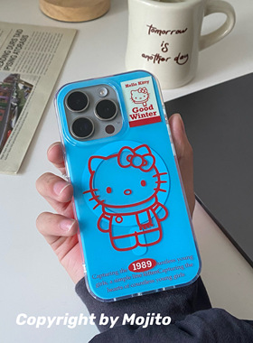 日韩ins风可爱卡通三丽鸥线条凯蒂猫hellokitty红蓝撞色卡包适用苹果15手机壳iPhone14promax防摔13/12/11硬