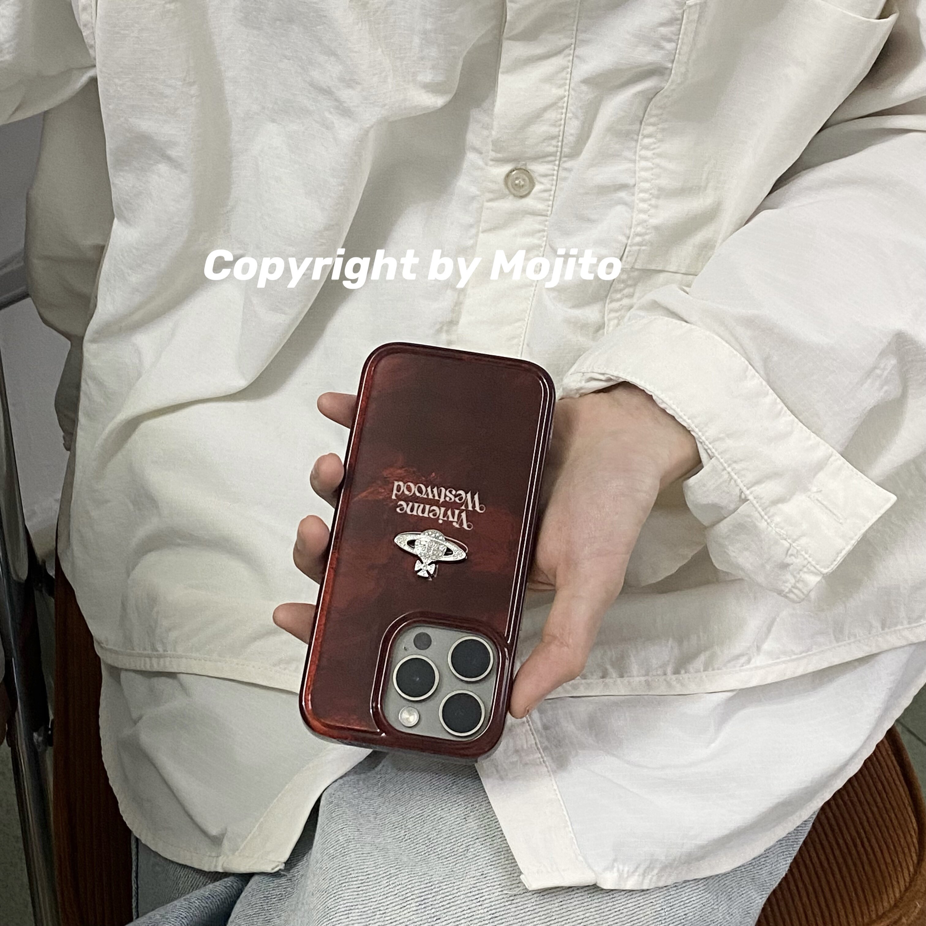 MOJITO自制ins高级焦糖色复古风琥珀立体镶钻行星手机壳使用苹果15proMax/14pro亚克力全包iPhone13/12保护套