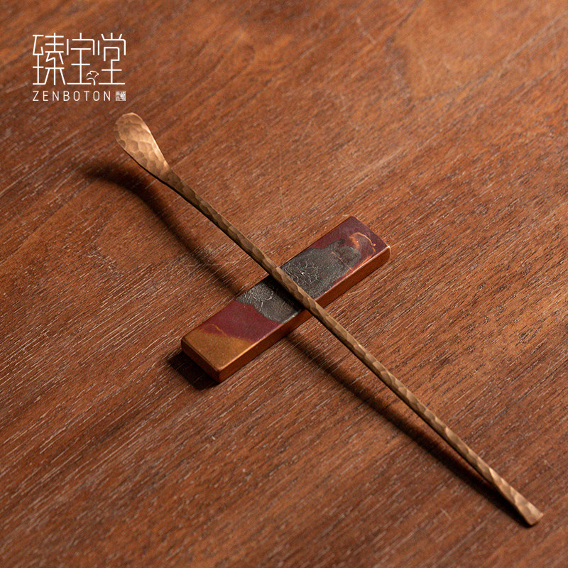 臻宝堂茶匙茶枕取茶勺纯手工中式功夫茶具六君子配件铜茶则三件套
