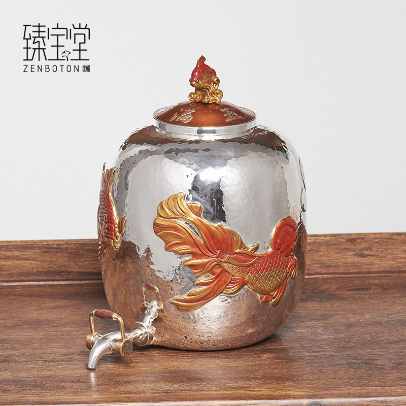 臻宝堂银水缸9999纯银储水罐手工金鱼水器带龙头足银茶具金玉满堂