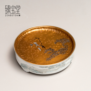 臻宝堂茶台陶瓷铜盖干泡台纯手工雕刻松山小号茶盘家用茶具零配件