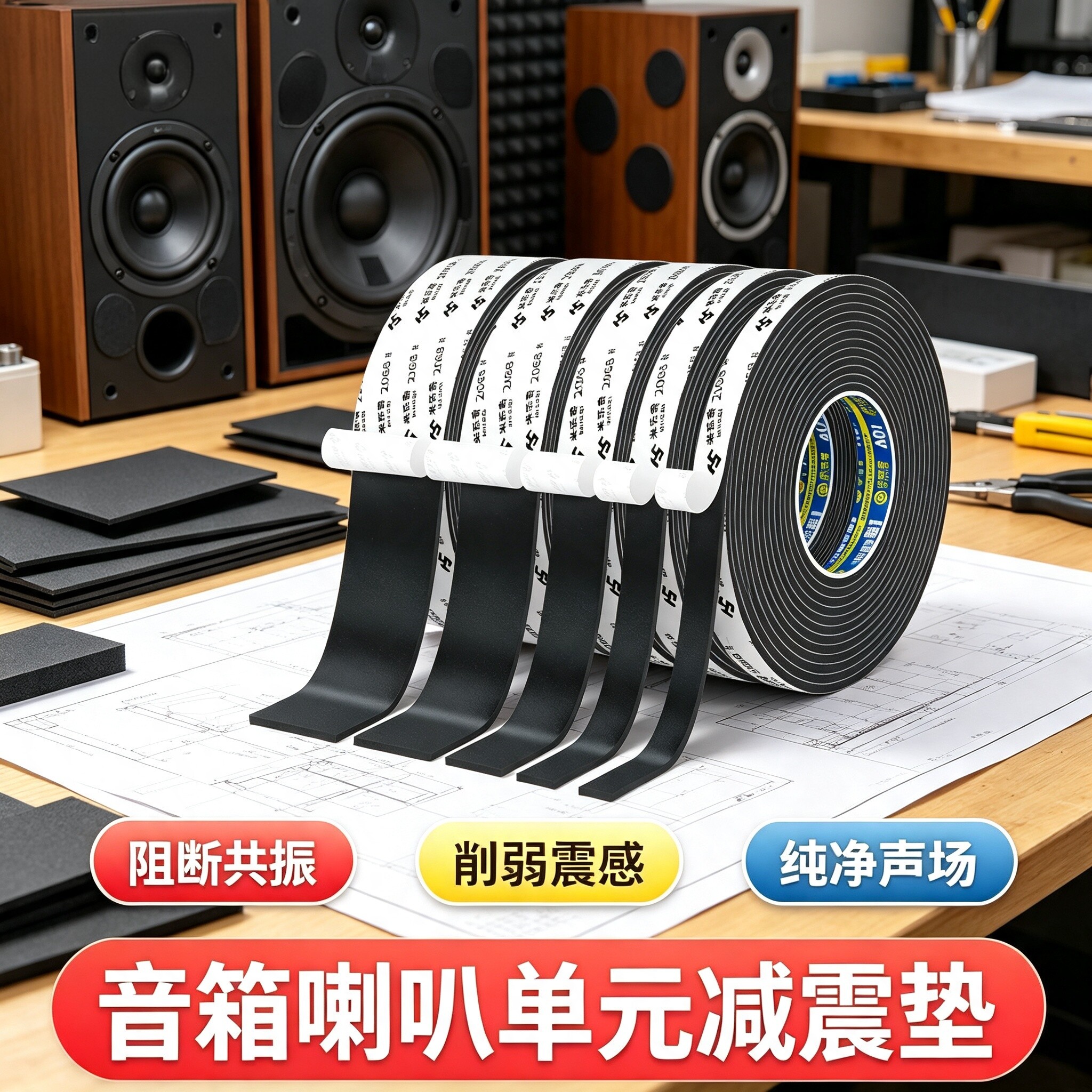 音箱喇叭专用单元减震缓冲垫自粘海绵密封条缝隙填补包边条隔音棉