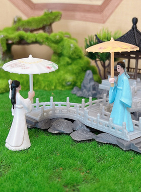微缩卡通人物牛郎织女古风撑油伞情侣摆件 情人七夕节装饰小物件