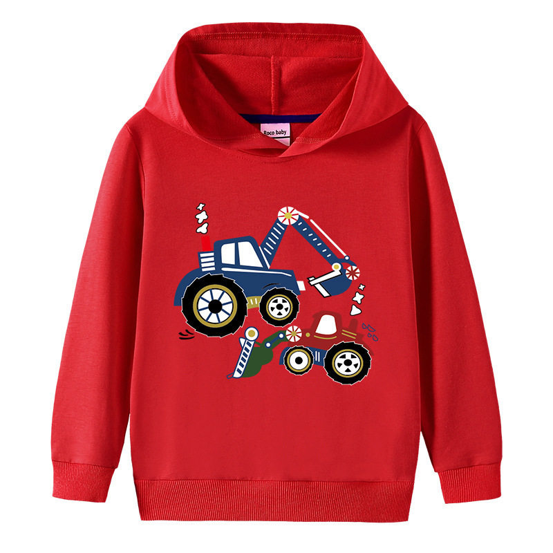 挖掘机图案男童连帽长袖卫衣春秋薄款2026新款纯棉上衣服儿童春装