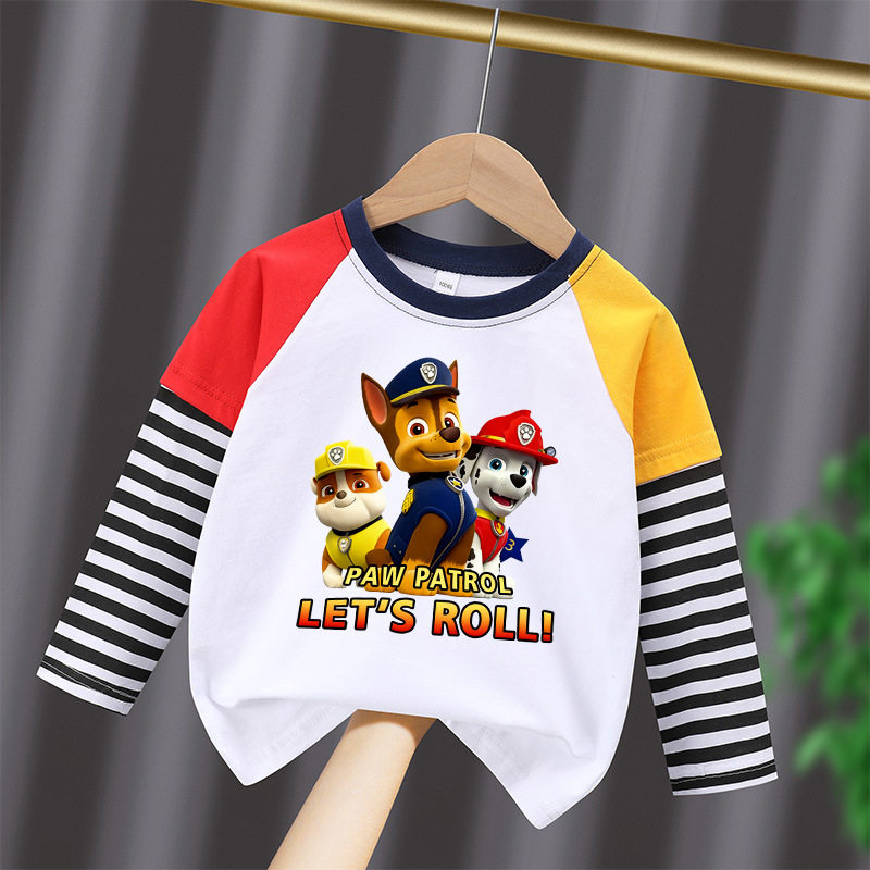 汪汪队童装男童春季长袖t恤薄款打底衫卡通假两件儿童上衣服春装T