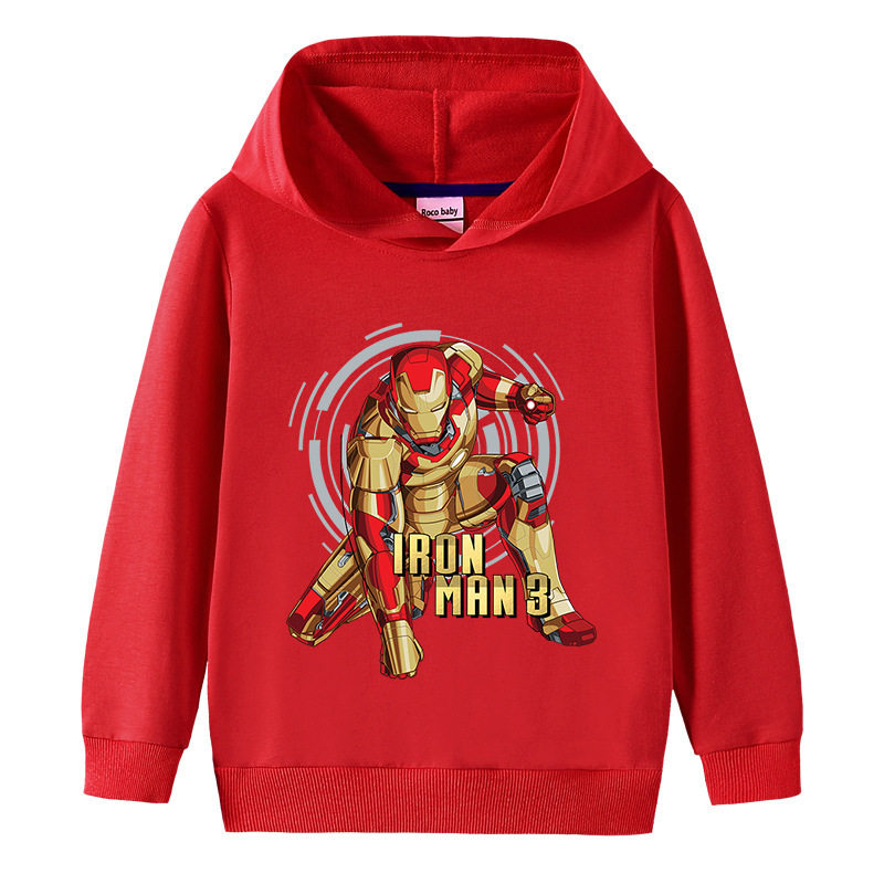 卡通钢铁侠童装儿童长袖卫衣红色男童连帽子上衣男孩纯棉薄款春装