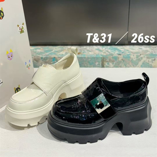 T31女鞋2026春夏新款增高8cm漆皮乐福鞋魔术贴秀气德比鞋轻便百搭