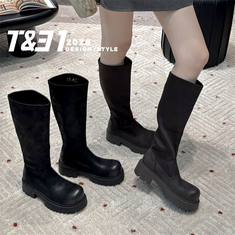 T31女鞋2026秋季新款翘头擦色瘦瘦靴厚底高筒弹力靴套筒洋气百搭