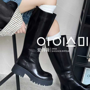 真皮长靴显瘦 后拉链高筒骑士靴中跟净版 爱诗薇女鞋 2025秋冬新款