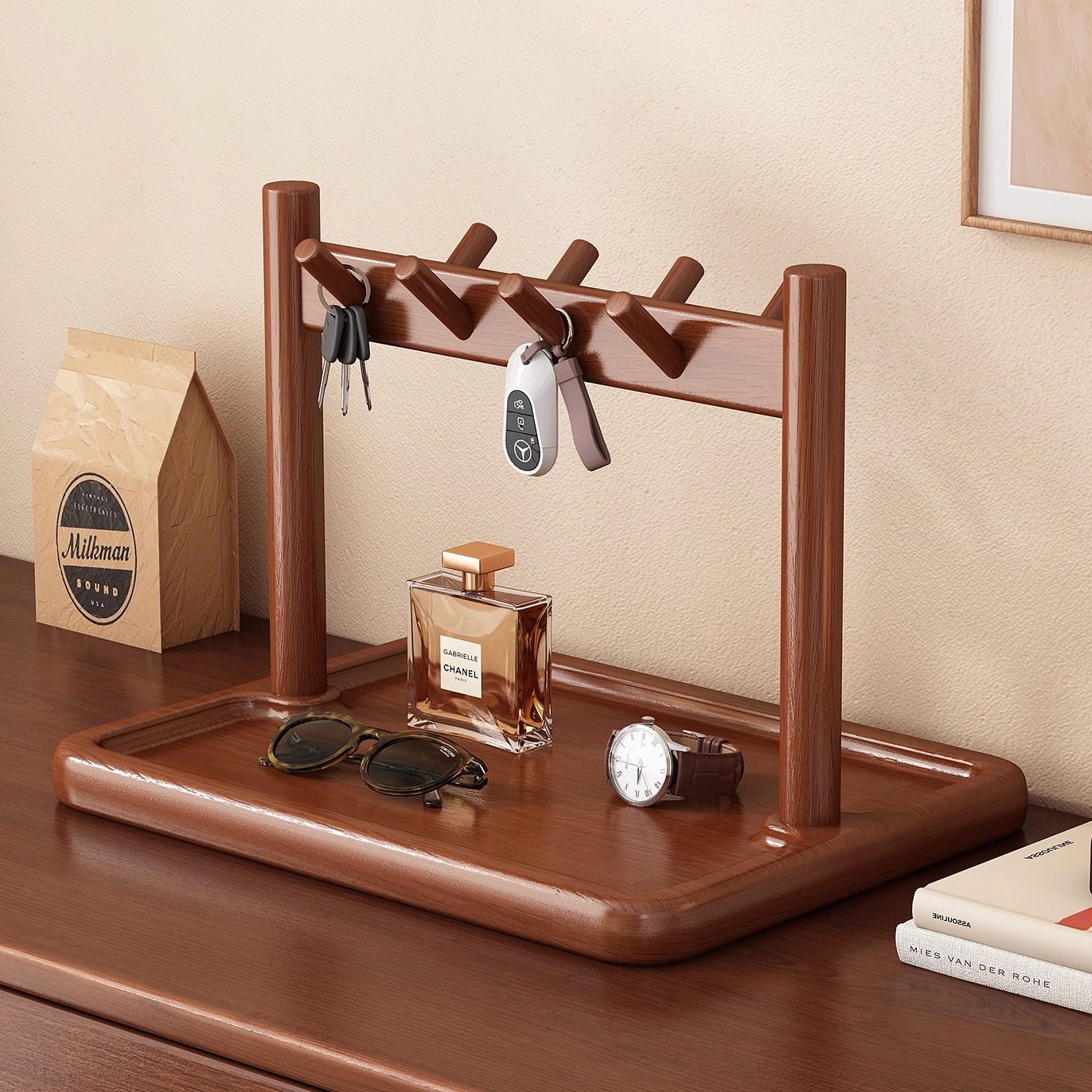 门口钥匙挂架收纳玄关置物架实木入户桌上装饰托盘眼镜手表摆放架