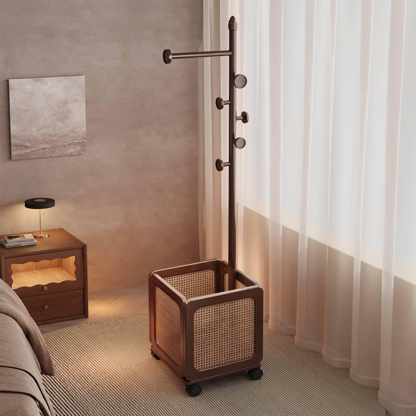 实木衣架落地卧室衣帽架可移动脏衣篓挂衣架入户玄关挂包包置物架