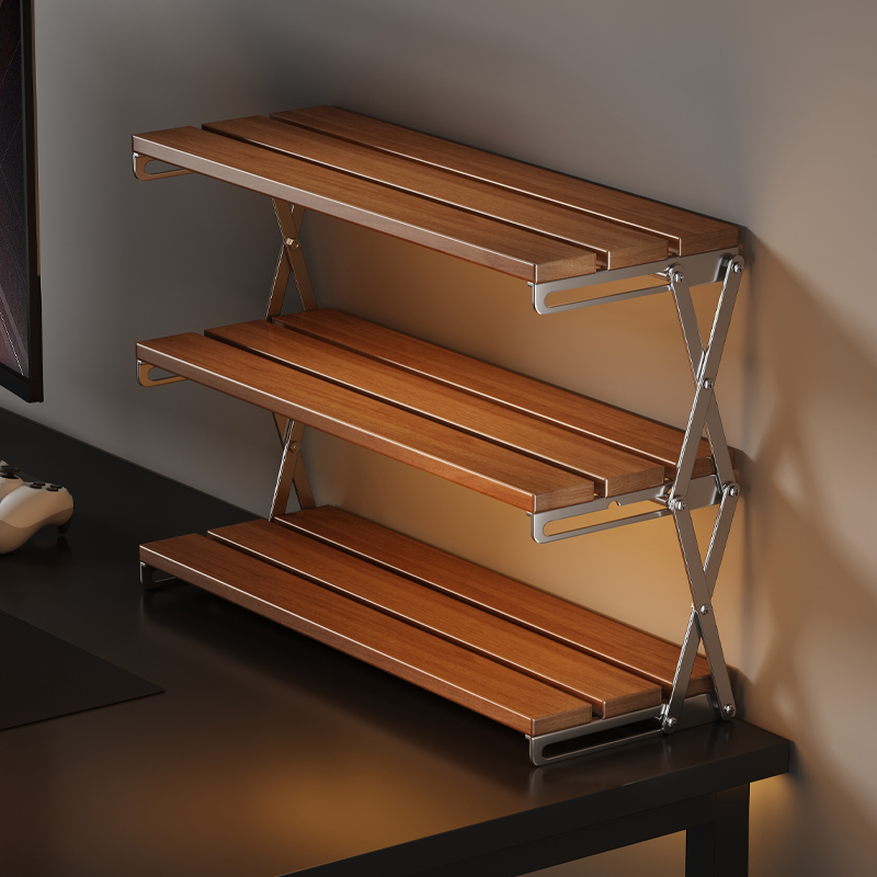 桌面置物架电脑桌实木多层手办展示架电竞风桌上免安装整理收纳架