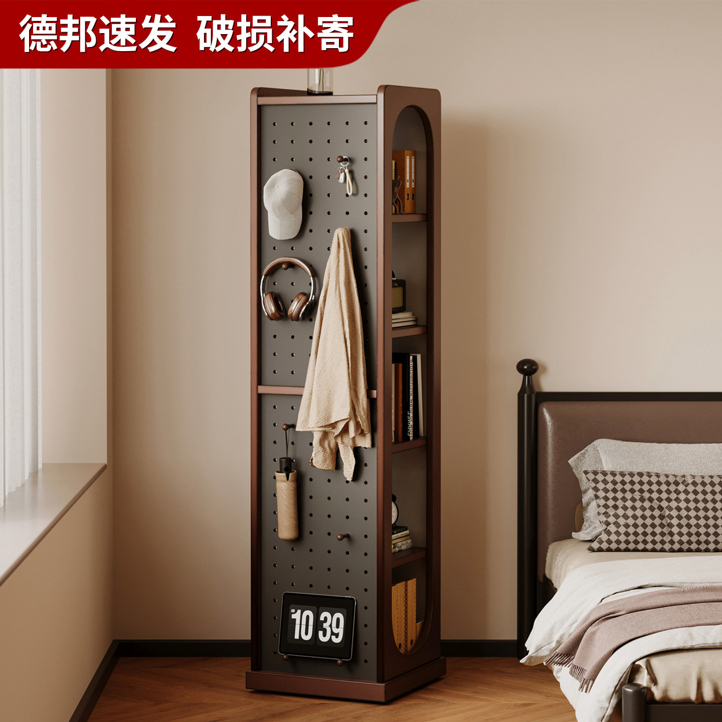 床头边穿衣镜衣帽架一体收纳储物柜可旋转全身镜家用卧室落地镜子