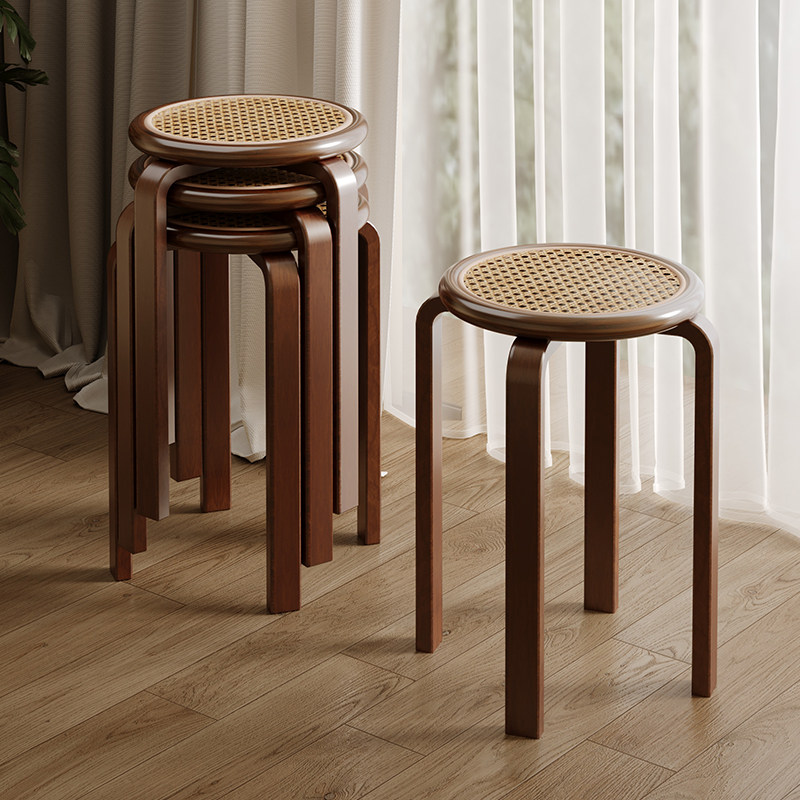 实木凳子家用小板凳结实耐用可叠放客厅矮凳餐桌木圆凳创意藤编凳