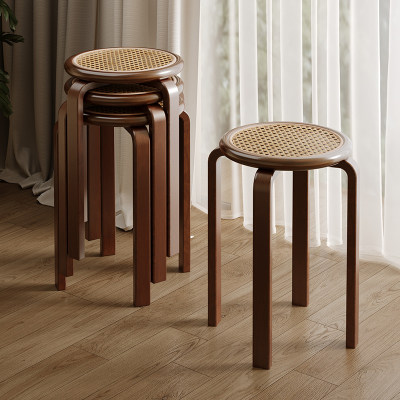 实木凳子家用小板凳结实耐用可叠放客厅矮凳餐桌木圆凳创意藤编凳