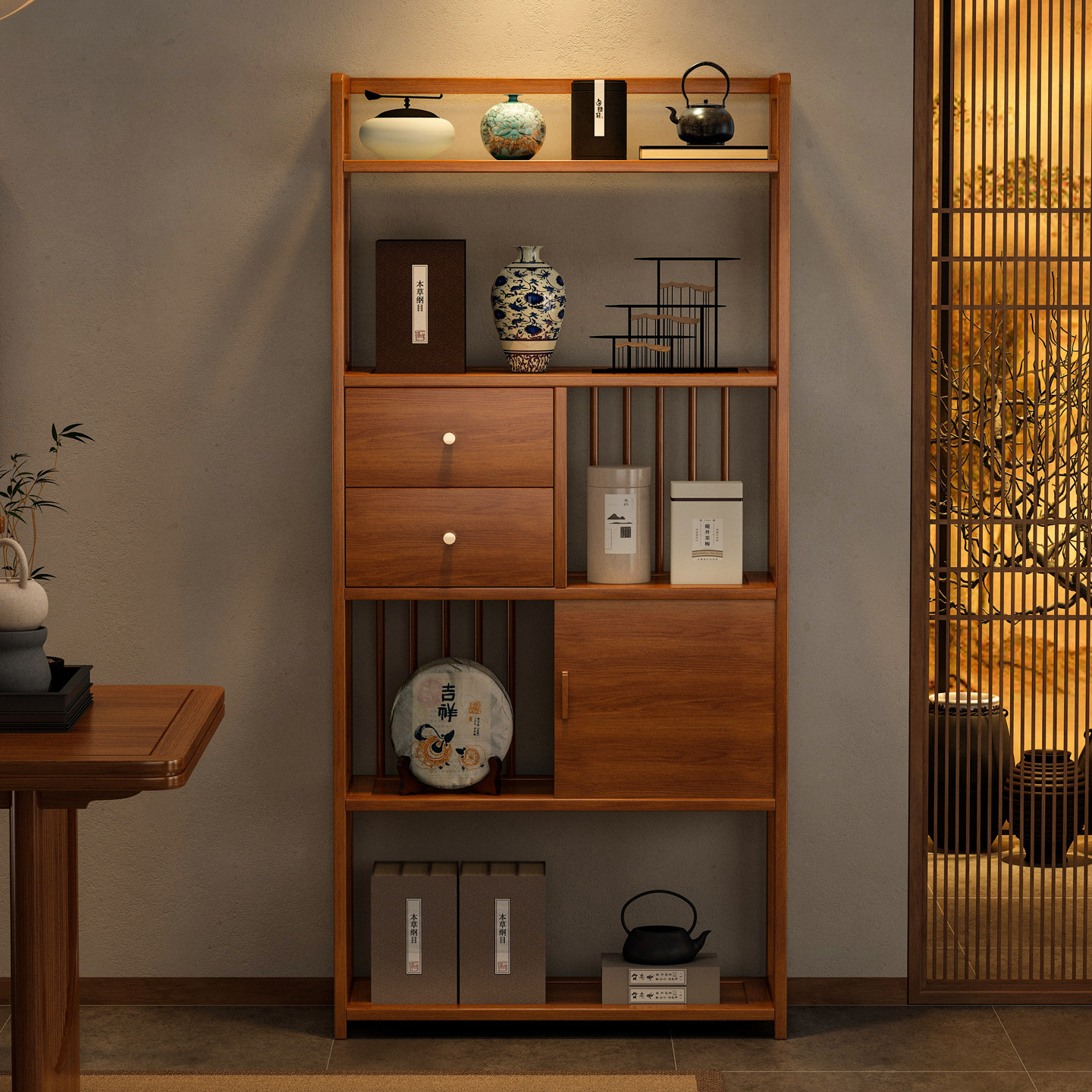 茶室新中式博古架多层收纳展示柜落地非实木茶叶茶杯紫砂壶摆放架