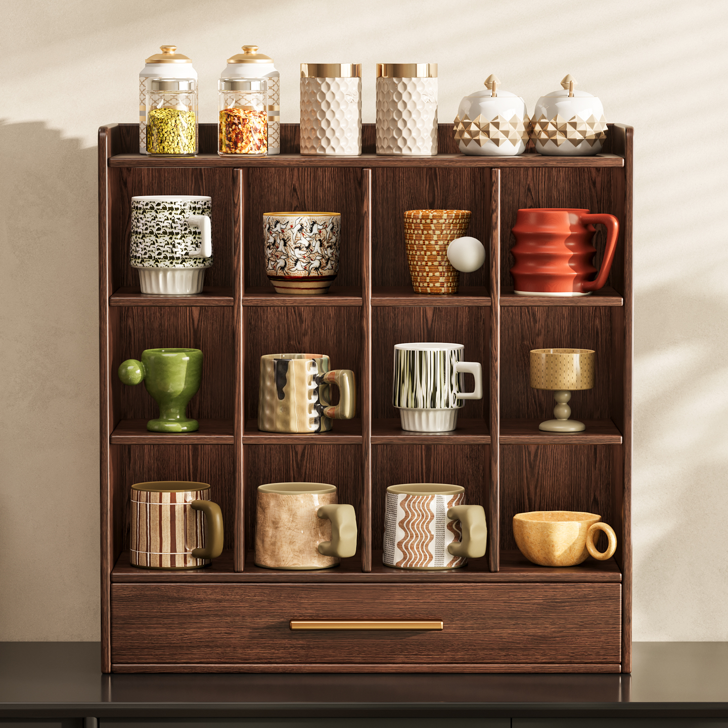 桌面置物架十二宫格墙面复古实木杯架子收纳盒手办盲盒展示柜茶具