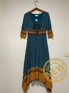 国现新款 气质高腰V领连衣裙孔雀蓝潮 Maeve复古田园撞色印花七分袖