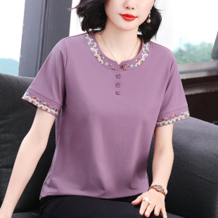 妈妈短袖t恤女中老年女装夏装洋气纯棉衣服半袖小衫体恤上衣