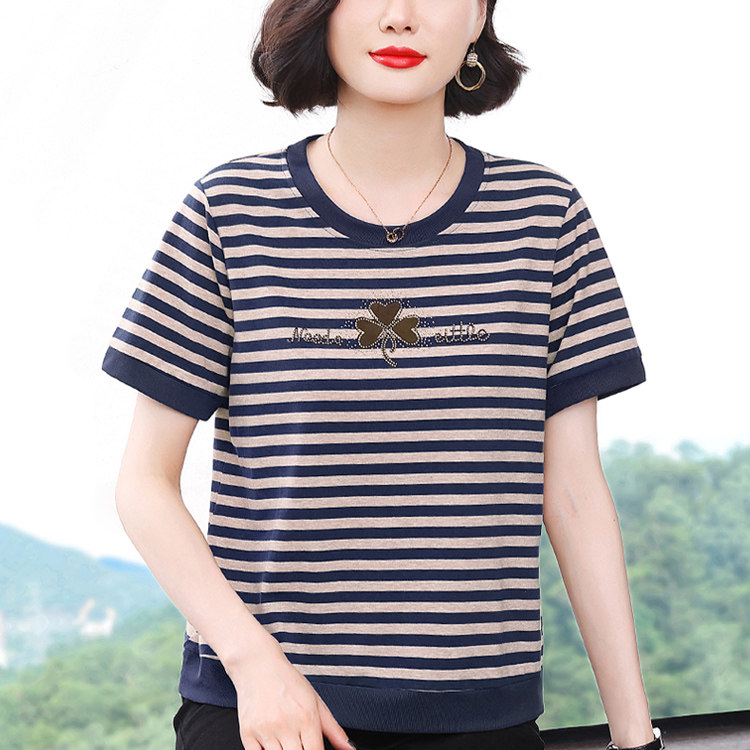 妈妈短袖t恤女 中老年条纹纯棉小衫夏装洋气大码圆领上衣