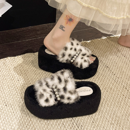 豹纹珍珠链增高7CM毛毛拖鞋女