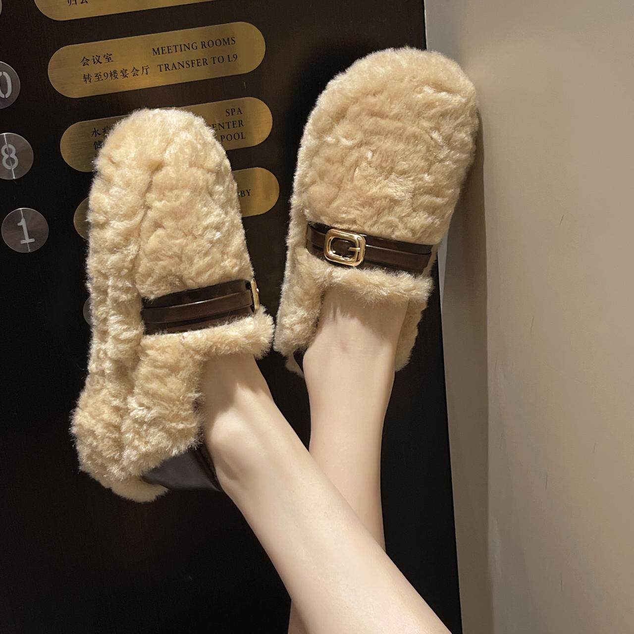 5cm厚底毛绒踩脚两穿平底豆豆鞋