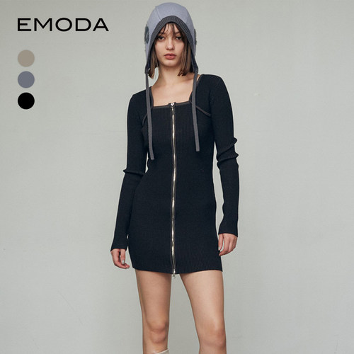 EMODA2024秋冬甜辣高街小方领拉链罗纹针织连衣裙0424503708