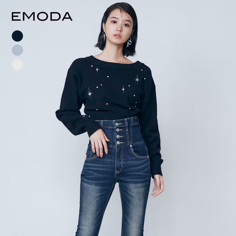 EMODA2024冬季新品百搭气质感小众风带钻刺绣针织上衣0424626315