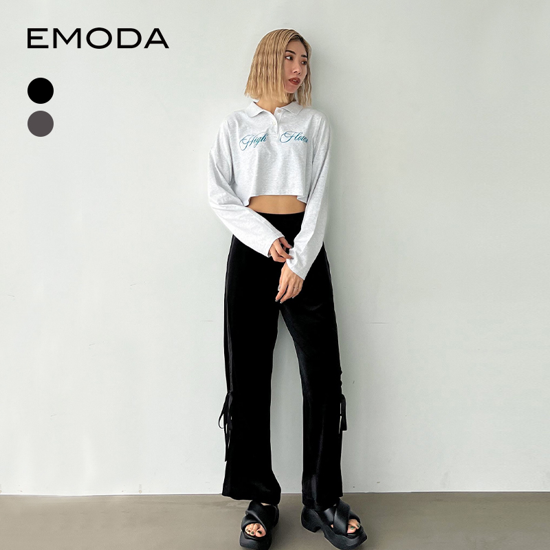 EMODA2024夏季新品舒适款宽松侧边缎带蝴蝶结丝绒长裤0424407700