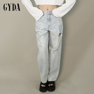 GYDA2024夏季新款复古风显瘦显身材做旧破洞裤子牛仔裤0724324142