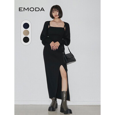 EMODA秋季甜辣风气质吊带内搭开叉针织连衣裙两件套0423403301