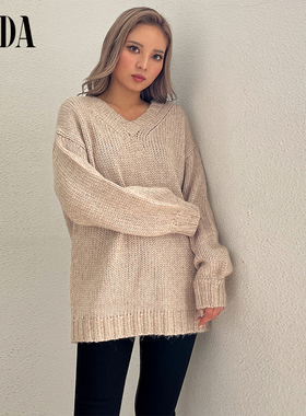 GYDA2024秋季新品氛围感韩系原单V领MIX针织长款上衣0724526034