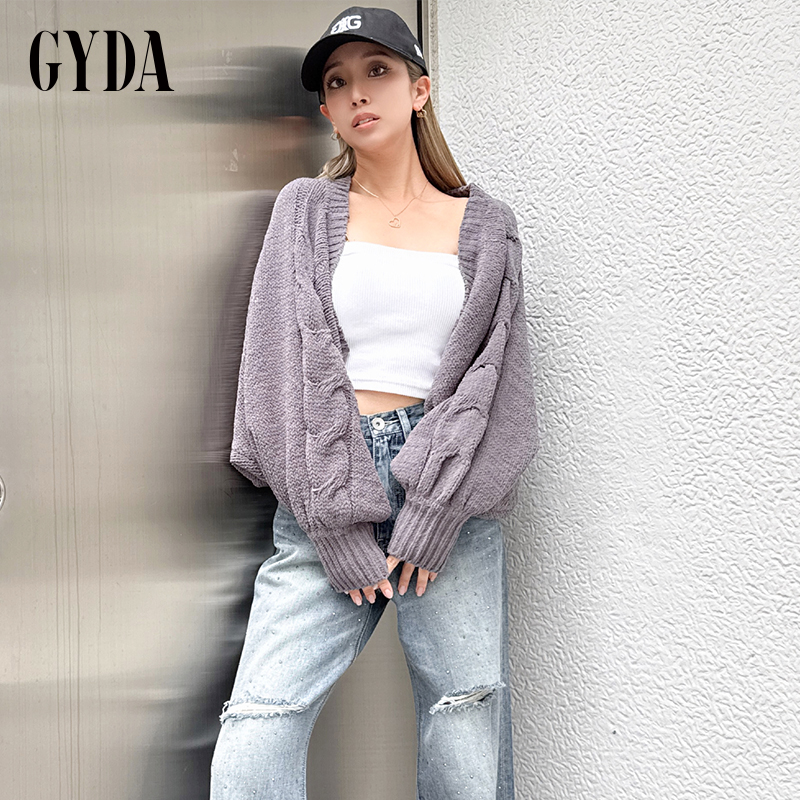 GYDA2025春季新品慵懒外套灯笼袖绞花短款毛衣开衫女士0725128004