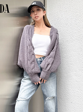 GYDA2025春季新品慵懒外套灯笼袖绞花短款毛衣开衫女士0725128004