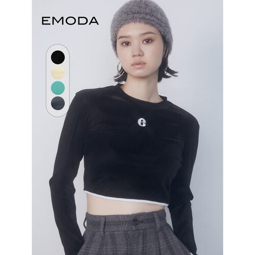 EMODA秋季丝绒刺绣气质小众设计感露脐长袖套头衫0423627011