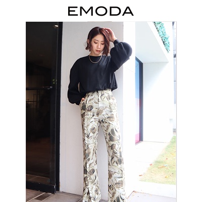 EMODA秋季高腰阔腿裤印花潮流小众百搭休闲设计感长裤0421107701