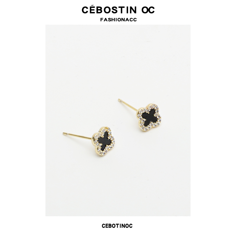 银针小巧简约四叶草黑色耳钉