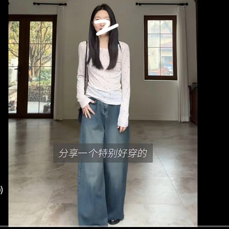 九九呢 天丝薄透长袖圆领波点T恤打底衫夏季棉质复古阔腿牛仔裤